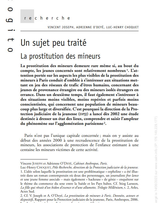 Un sujet peu traité : La prostitution des mineurs