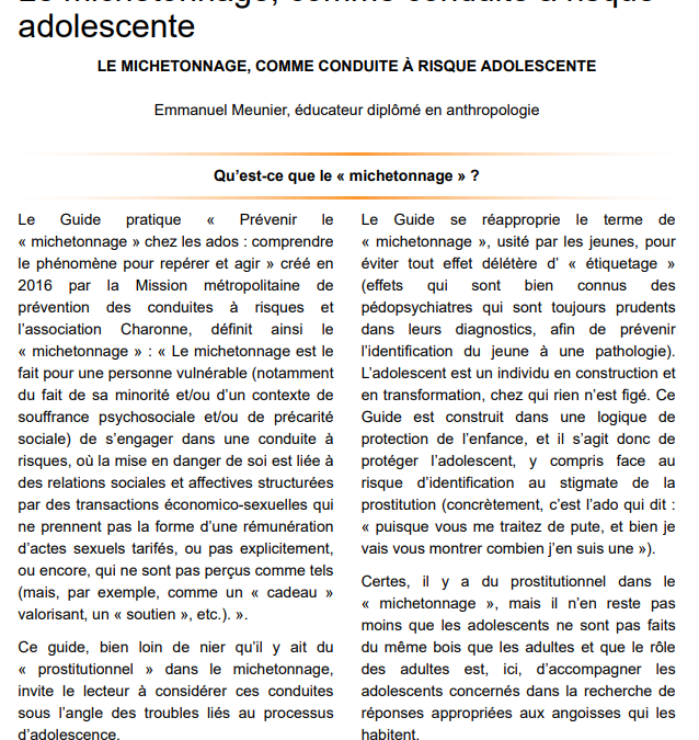 Le michetonnage, comme conduite à risque adolescente