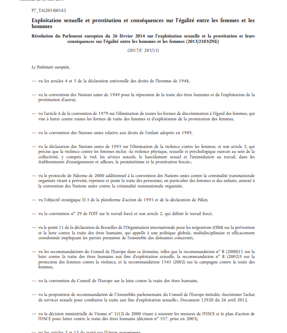 Résolution du Parlement européen sur l’exploitation sexuelle et la prostitution et leurs conséquences sur l’égalité entre les hommes et les femmes