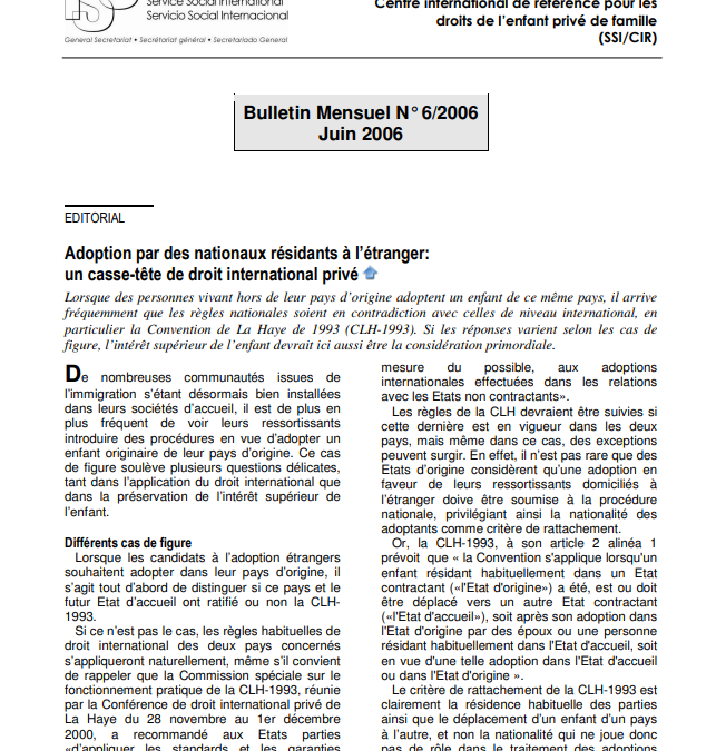 Adoption par des nationaux résidants à l’étranger: un casse-tête de droit international privé