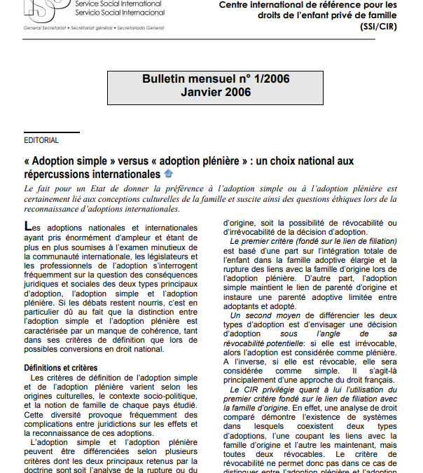 « Adoption simple » versus « adoption plénière » : un choix national aux répercussions internationales