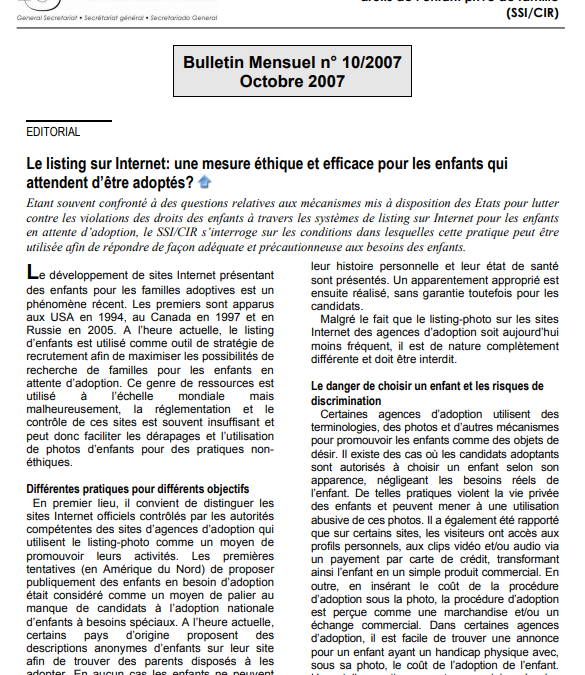 Le listing sur Internet: une mesure éthique et efficace pour les enfants qui attendent d’être adoptés?