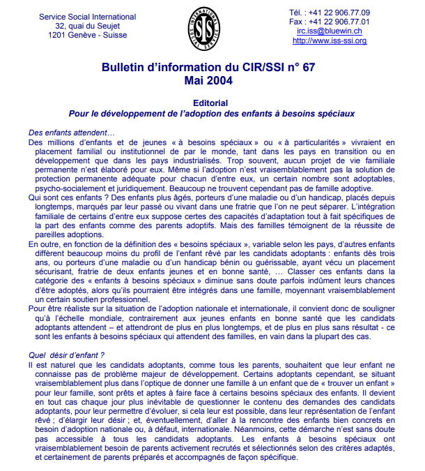 Pour le développement de l’adoption des enfants à besoins spéciaux