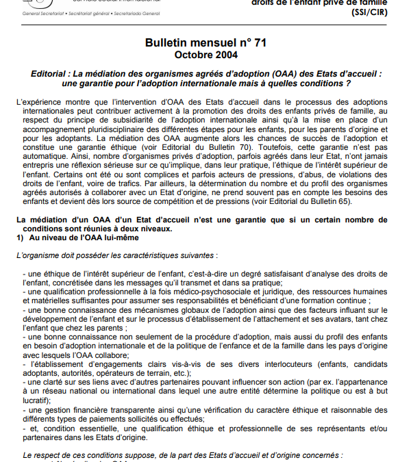 La médiation des organismes agréés d’adoption (OAA) des Etats d’accueil : une garantie pour l’adoption internationale mais à quelles conditions ?