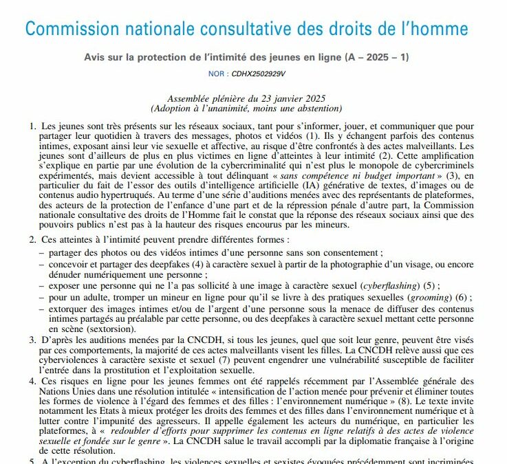 Avis sur la protection de l&rsquo;intimité des jeunes en ligne