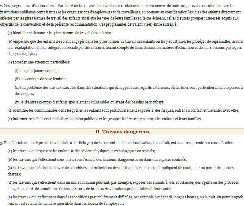 Recommandation n° 190 sur les pires formes de travail des enfants