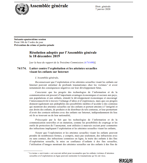 A/RES/77/233 – Renforcer l’action menée aux niveaux national et international, y compris avec le secteur privé, pour protéger les enfants contre l’exploitation et les atteintes sexuelles