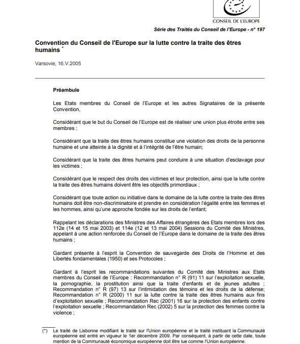 Convention du Conseil de l’Europe sur la lutte contre la traite des êtres humains