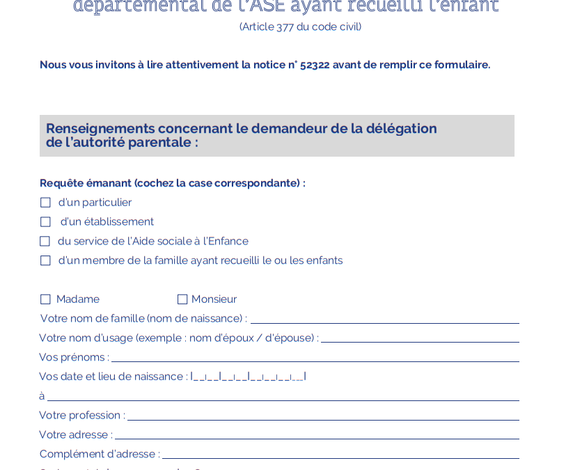 Requête en vue de la délégation de l&rsquo;autorité parentale formée par un particulier, un membre de la famille, un établissement ou un service départemental de l&rsquo;ASE ayant recueilli l&rsquo;enfant