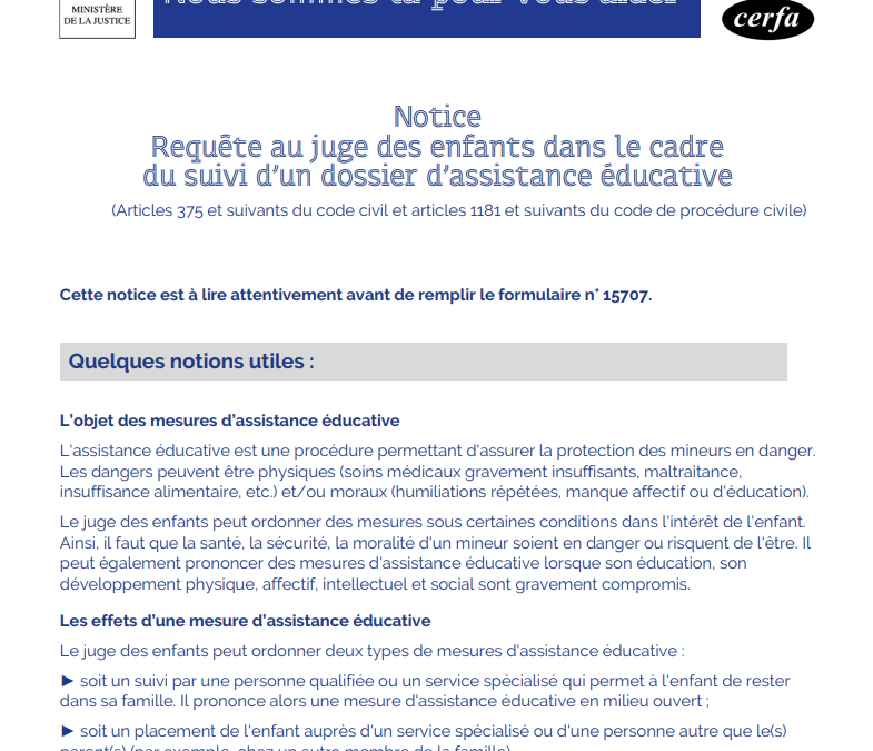 Notice – Requête au juge des enfants dans le cadre du suivi d&rsquo;un dossier d&rsquo;assistance éducative