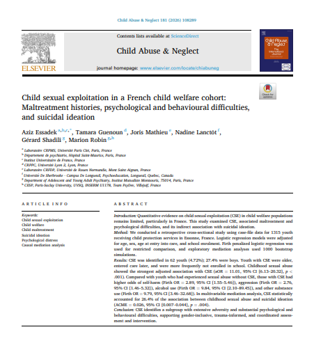 Rapport – « L&rsquo;exploitation sexuelle des enfants dans une cohorte française de protection de l&rsquo;enfance : antécédents de maltraitance, difficultés psychologiques et comportementales, et idées suicidaires »