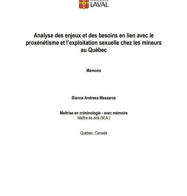 Mémoire – « analyse des enjeux et des besoins en lien avec le proxénétisme et l&rsquo;exploitation sexuelle chez les mineurs au Québec »