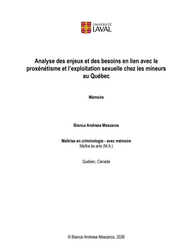 Mémoire – « analyse des enjeux et des besoins en lien avec le proxénétisme et l&rsquo;exploitation sexuelle chez les mineurs au Québec »
